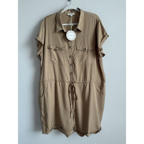 Umgee Women’s Taupe Button Drawstring Waist Cuffed Hem Romper Plus Size XL NEW - Picture 9 of 13